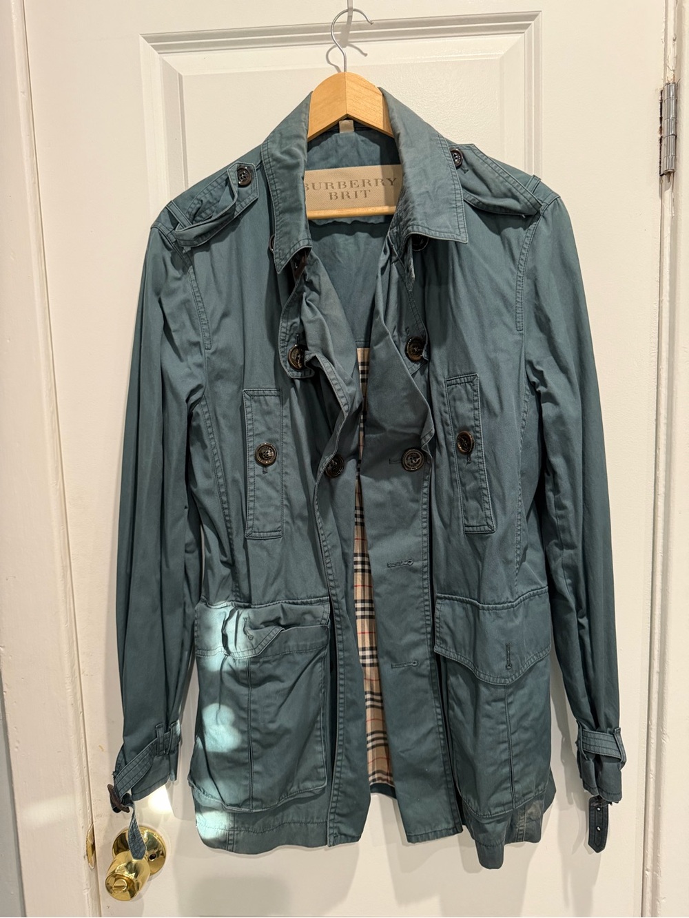 Burberry Teal Utility Trench Coat with Classic Check Lining